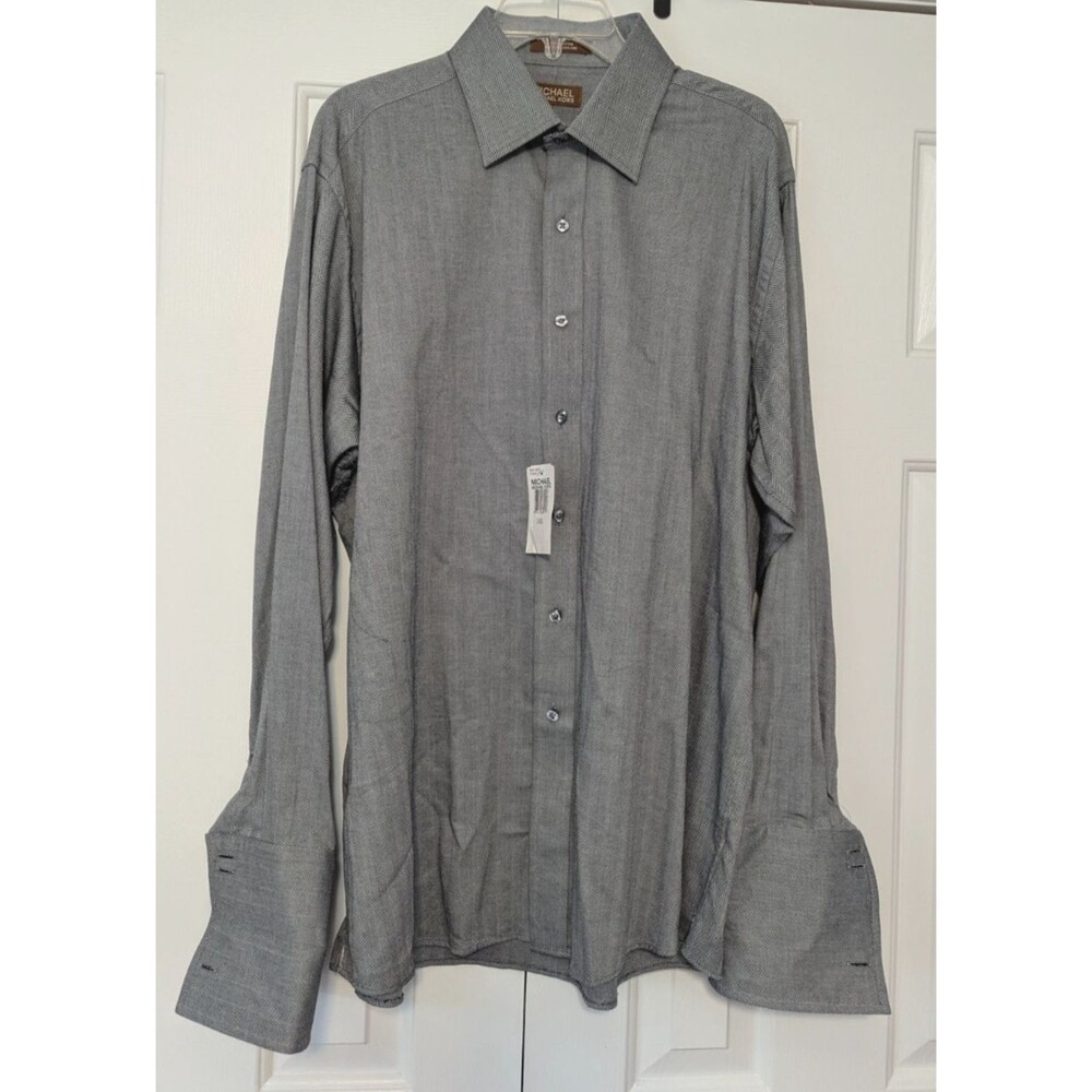 Michael Kors L Sleeve Shirt Men's 17 - 34/35 XL Cotton Gray Herringbone NWT- VTG